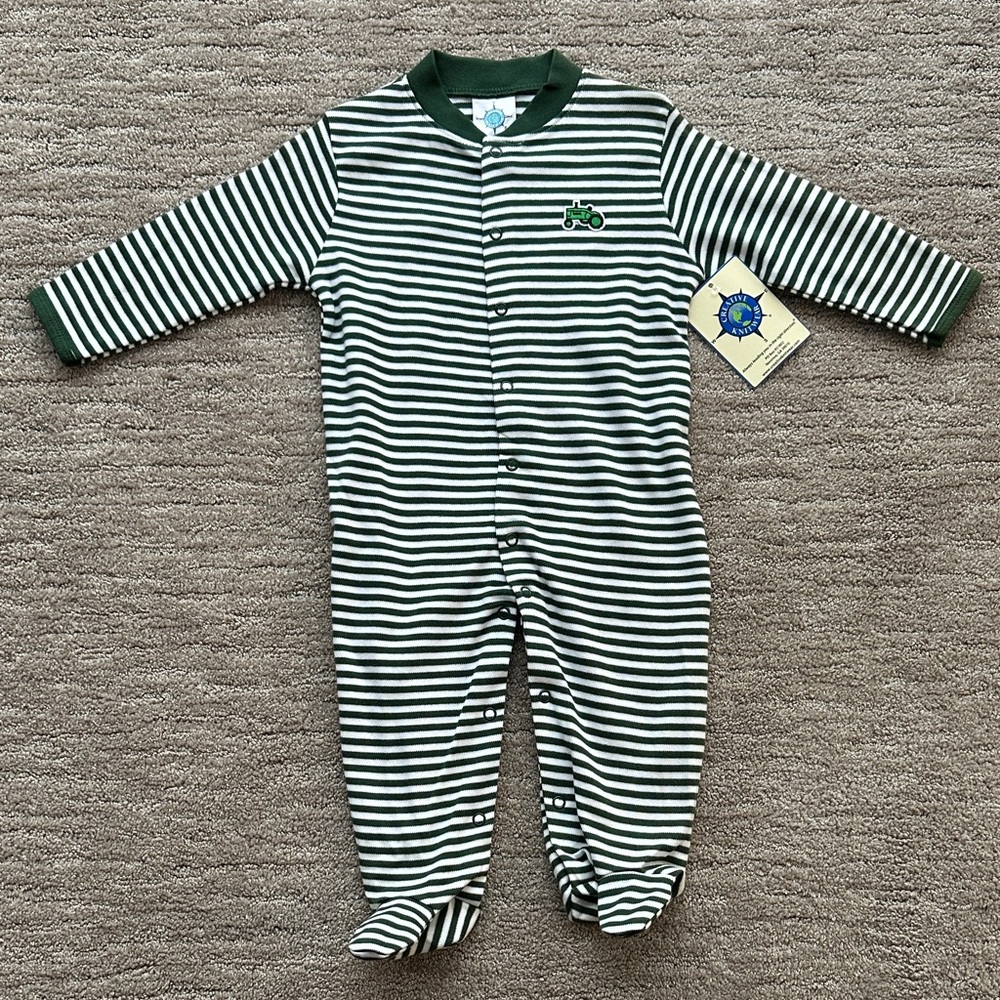 Tractor Green and White Striped Footie Onesie 6-9 months